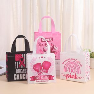 Carriecur 30 pcs Non-Woved Never Give Up Pink Ribbon Paper Bags Breast Cancer Awareness Gift Bags with Handle Pink Ribbon Goodie Bags for Women Breast Cancer Awareness Party Supplies