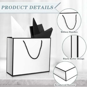 ALEXPRE 12 Pcs White Gift Bags with Handle and Tissue 11.8 x 10 x 4'' Large Paper Bags, Thank You Gift Bag with Bow Ribbon for Wedding Bridal Shower Groomsmen Birthday Party Baby Shower(White-Black)