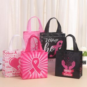 Carriecur 30 pcs Non-Woved Never Give Up Pink Ribbon Paper Bags Breast Cancer Awareness Gift Bags with Handle Pink Ribbon Goodie Bags for Women Breast Cancer Awareness Party Supplies