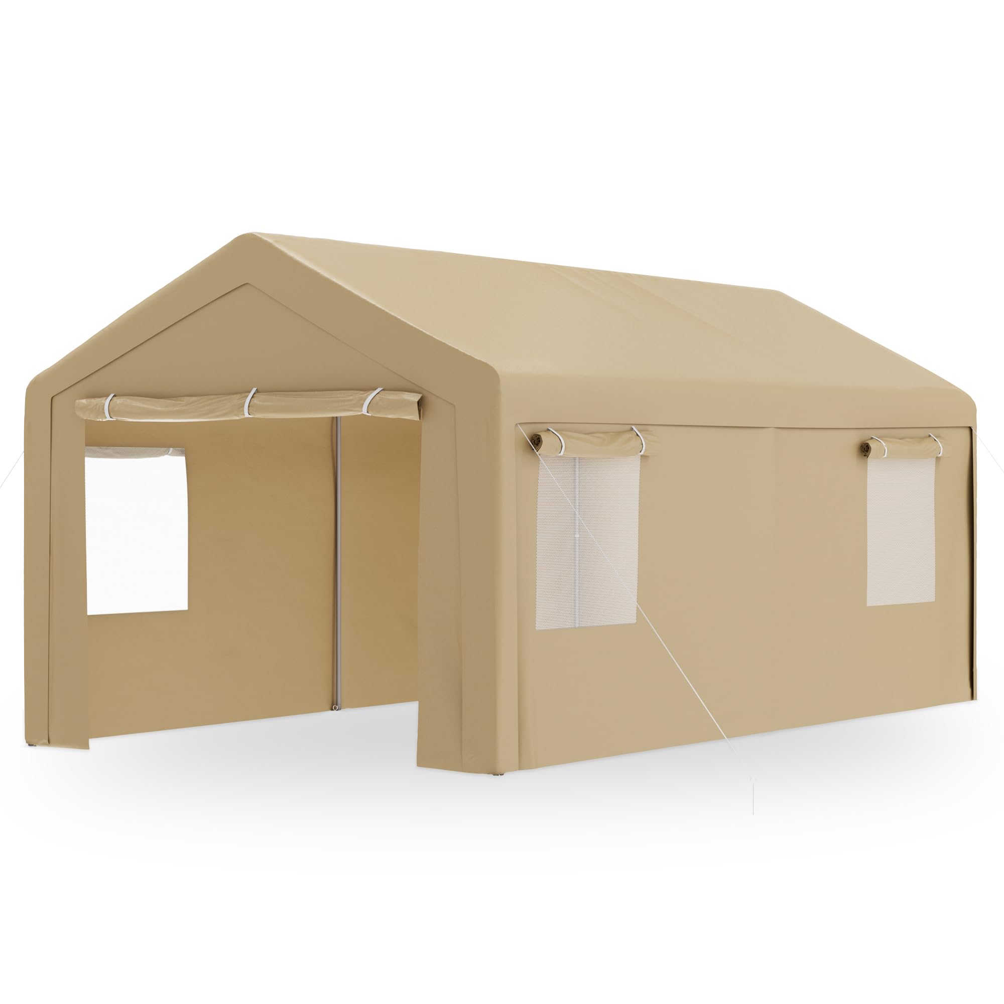 Betterland Carport, 10'x 20' Heavy Duty Carport Canopy，Outdoor Portable Garage with 2 Roll-up Doors & 4 Mesh Windows,All Weather Outside Car Shed for Car, Pickup,and Boat, Khaki