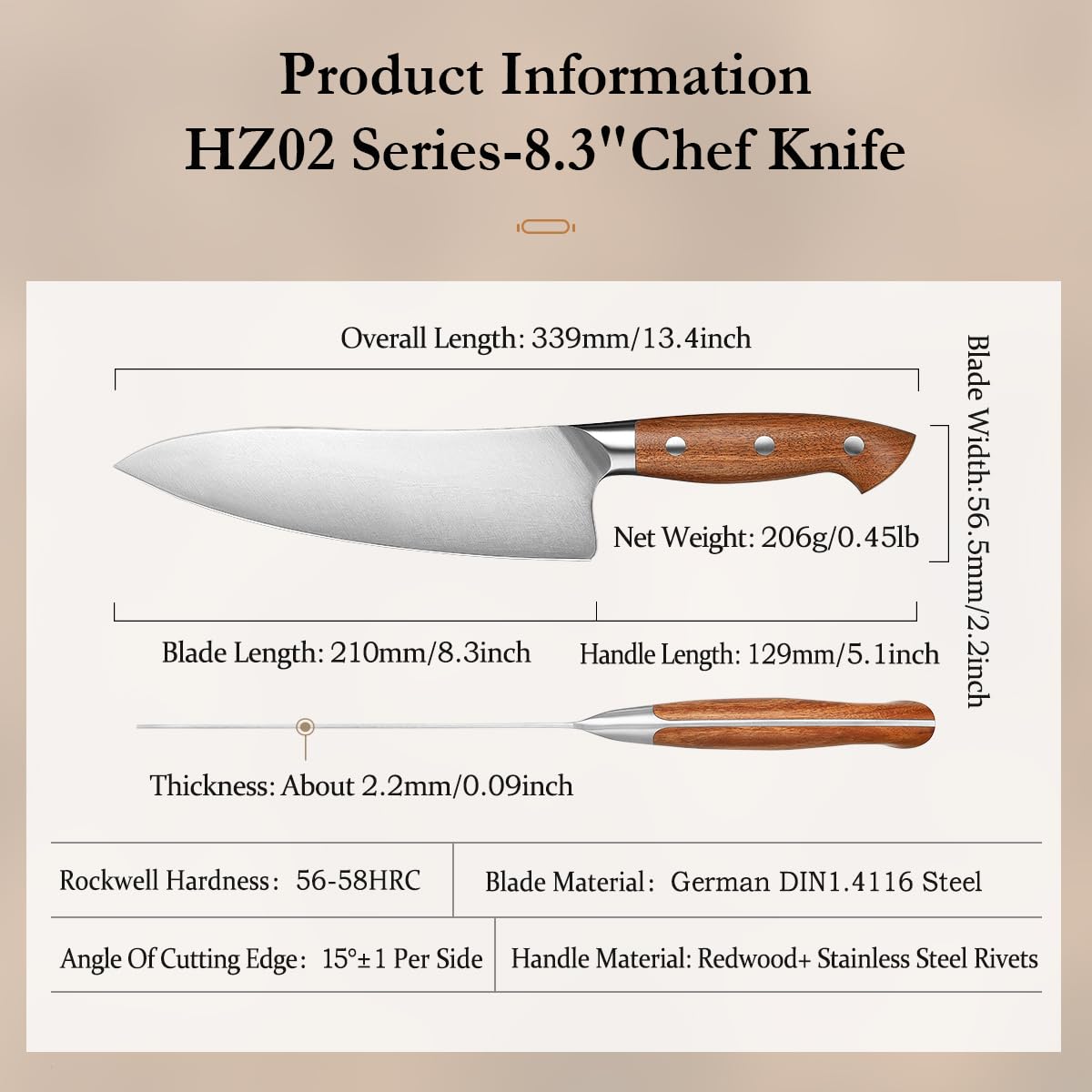 HEZHEN Pro Chefs Knives 8.3 Inch,High Carbon German 1.4116 Steel,Stainless Steel Rivets with Red Wood Handle，Razor Sharp,Super Edge,with Woodern Knife Sheath