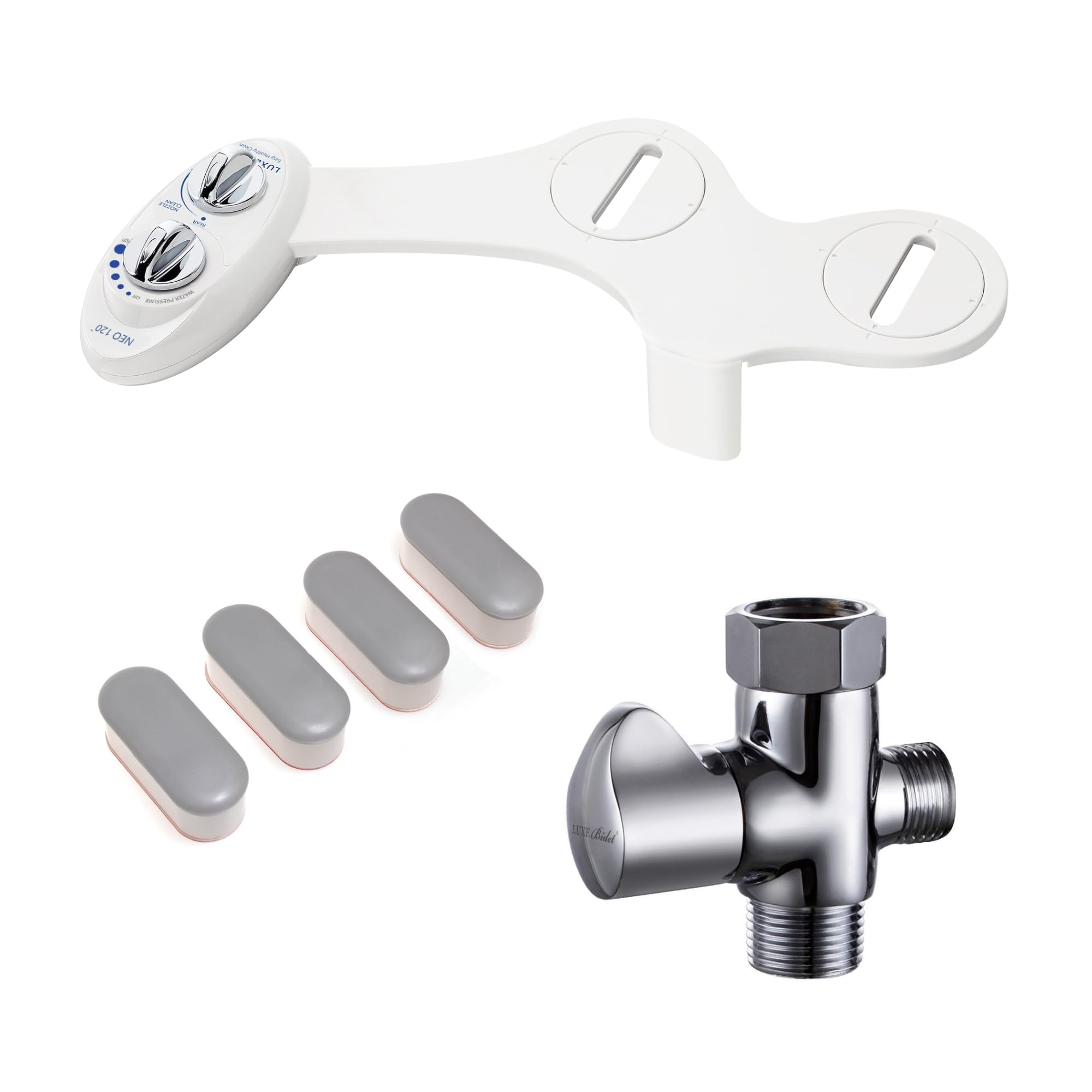 LUXE Bidet NEO 120 White, Toilet Seat Bumpers and Shut-Off Valve T-Adapter Bundle