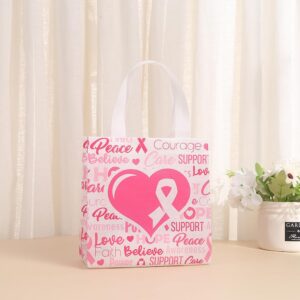 Carriecur 30 pcs Non-Woved Never Give Up Pink Ribbon Paper Bags Breast Cancer Awareness Gift Bags with Handle Pink Ribbon Goodie Bags for Women Breast Cancer Awareness Party Supplies