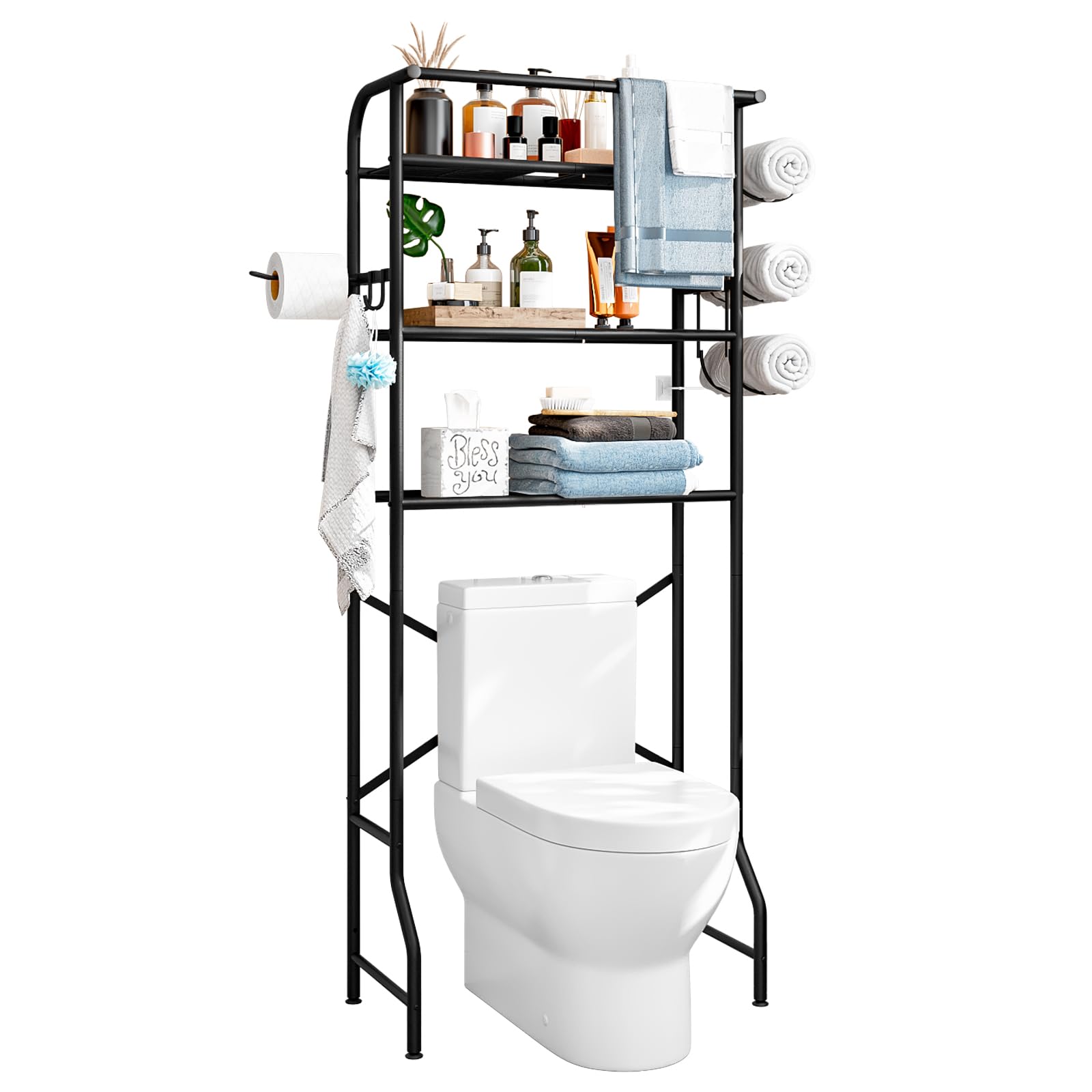 Dazioter Over The Toilet Storage Metal 3 Tier Bathroom Organizer Shelf with Paper Holder Easy to Assemble & Space Saving (Black)