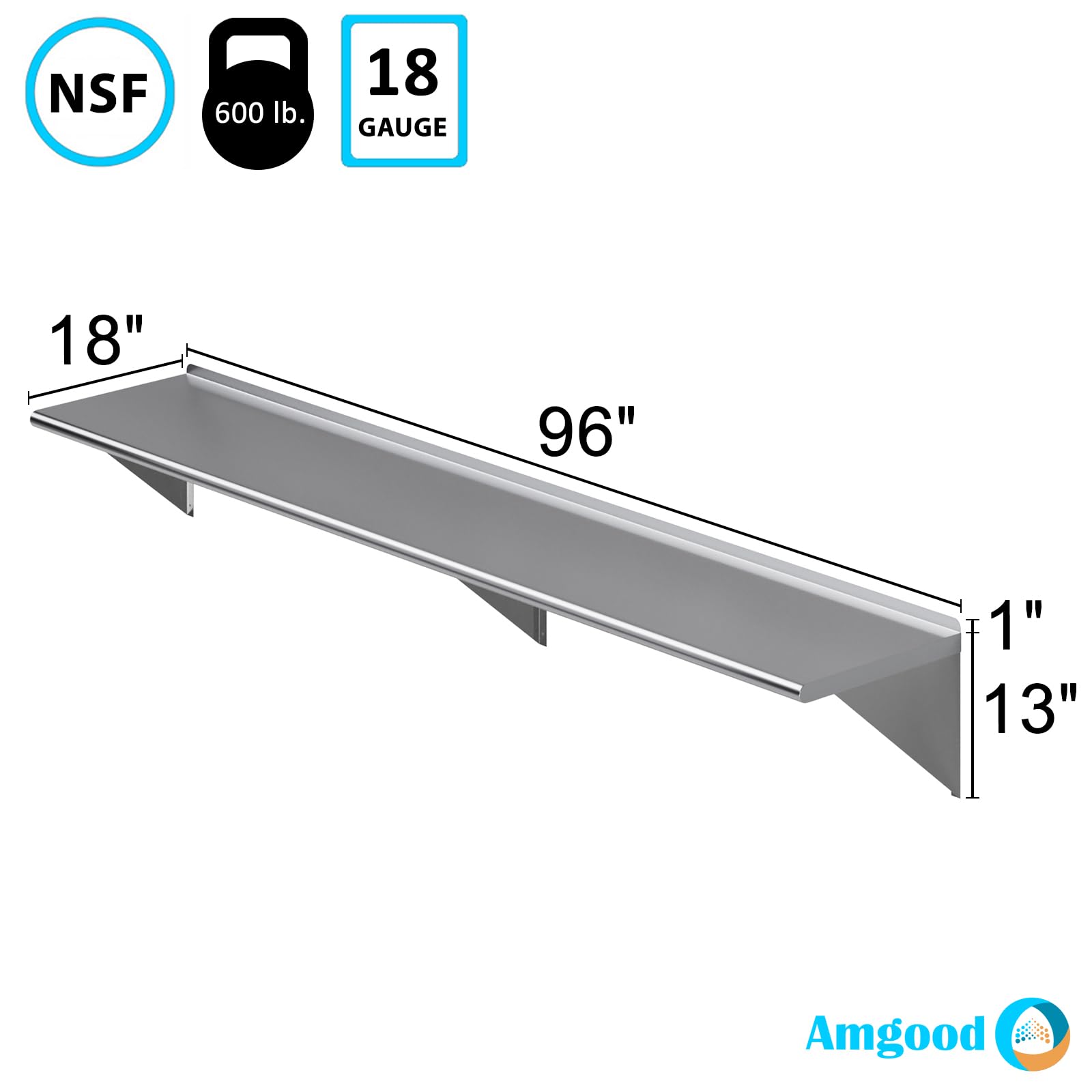 AmGood 18" X 96" Stainless Steel Wall Shelf | NSF | Garage, Laundry, Storage, Utility Room | Restaurant, Commercial Kitchen