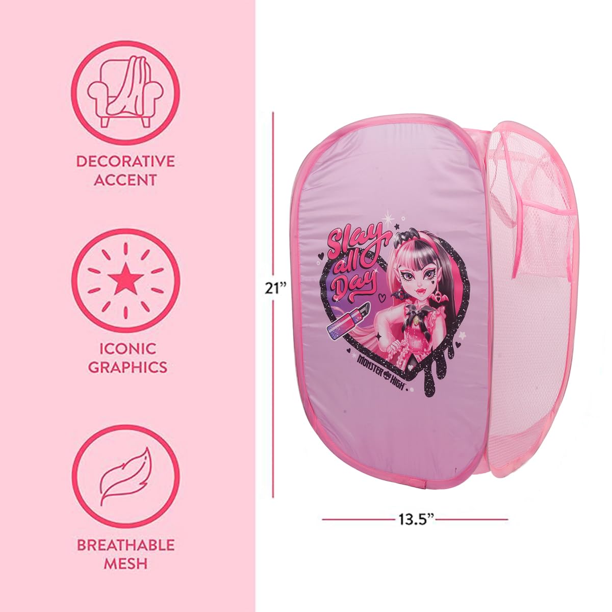 Monster Pop-Up Laundry Hamper - SpookyHamper with Double Handles, Foldable, 8 Unique Designs (Pink), mhpoh00000