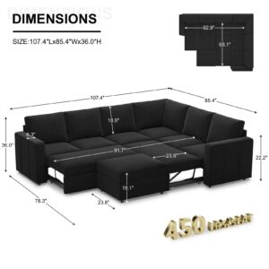 Belffin Modular Sectional Sleeper Couch with Pull Out Sofa Bed Velvet Convertible L Shaped Sectional Sofa with Storage Ottoman for Living Room Black