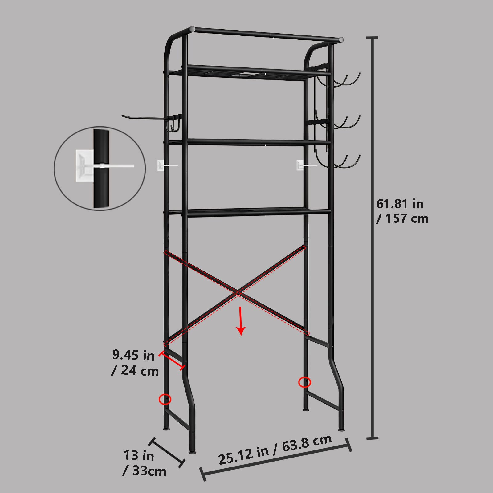 Dazioter Over The Toilet Storage Metal 3 Tier Bathroom Organizer Shelf with Paper Holder Easy to Assemble & Space Saving (Black)