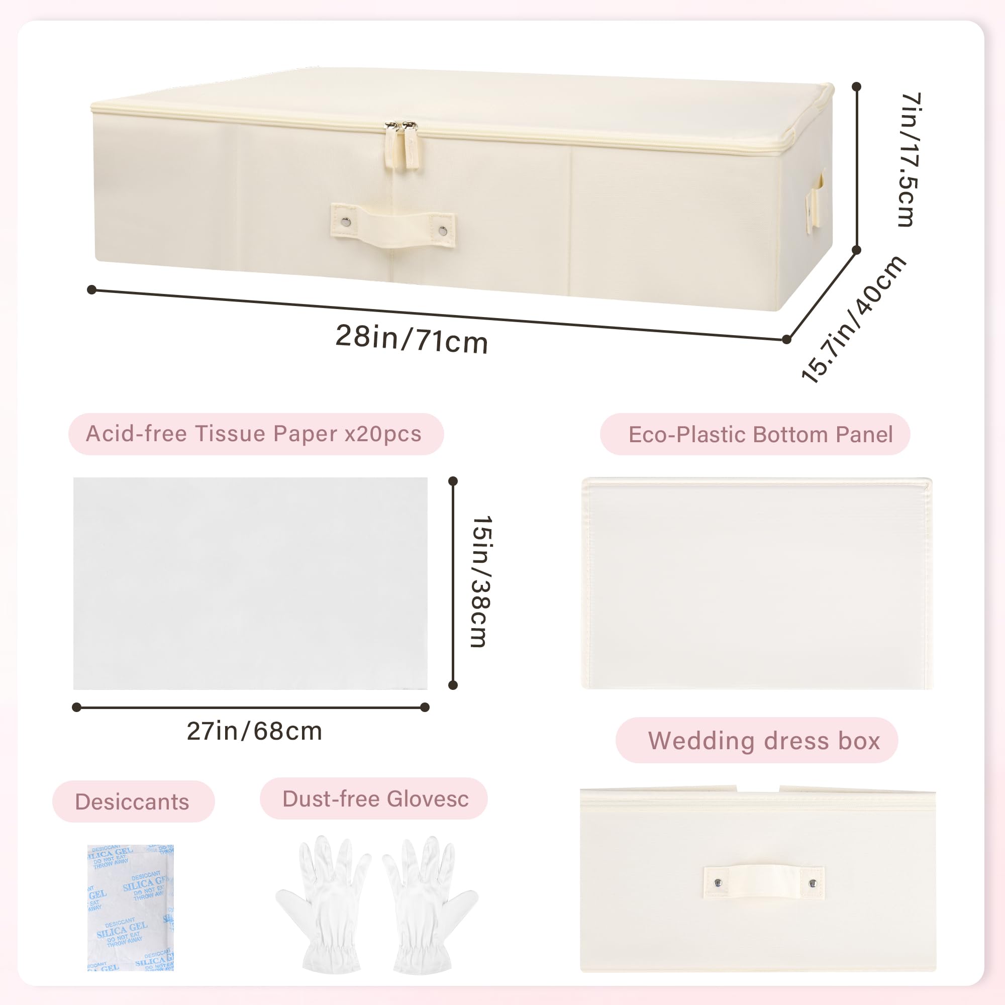 Wedding Dress Storage Box - Wedding Dress Preservation Box with 1 Pair Microfiber Gloves and 20 Sheets of Acid Free Tissue Paper, Bridal Essentials, Heirloom Breathable Wedding Keepsake Box (Beige)