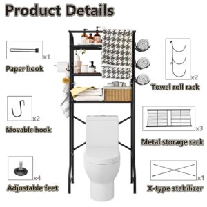 Dazioter Over The Toilet Storage Metal 3 Tier Bathroom Organizer Shelf with Paper Holder Easy to Assemble & Space Saving (Black)