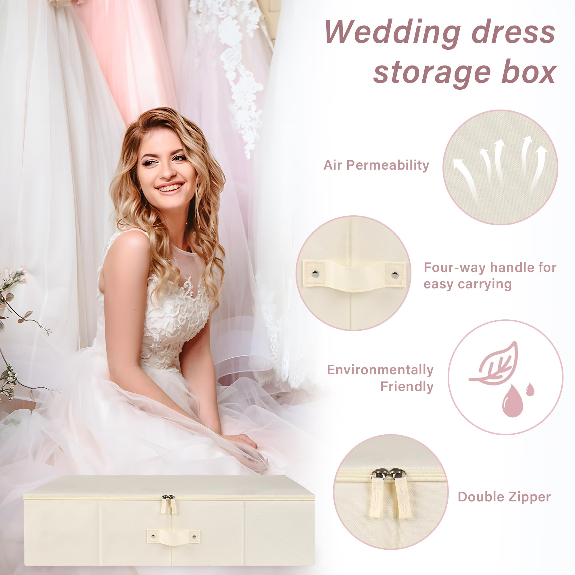 Wedding Dress Storage Box - Wedding Dress Preservation Box with 1 Pair Microfiber Gloves and 20 Sheets of Acid Free Tissue Paper, Bridal Essentials, Heirloom Breathable Wedding Keepsake Box (Beige)