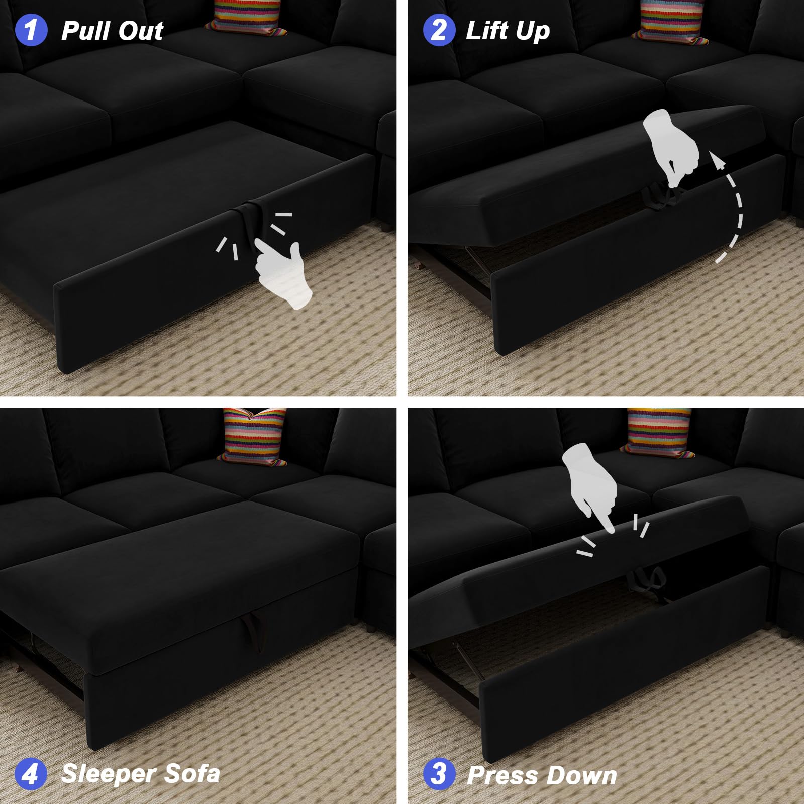 Belffin Modular Sectional Sleeper Couch with Pull Out Sofa Bed Velvet Convertible L Shaped Sectional Sofa with Storage Ottoman for Living Room Black