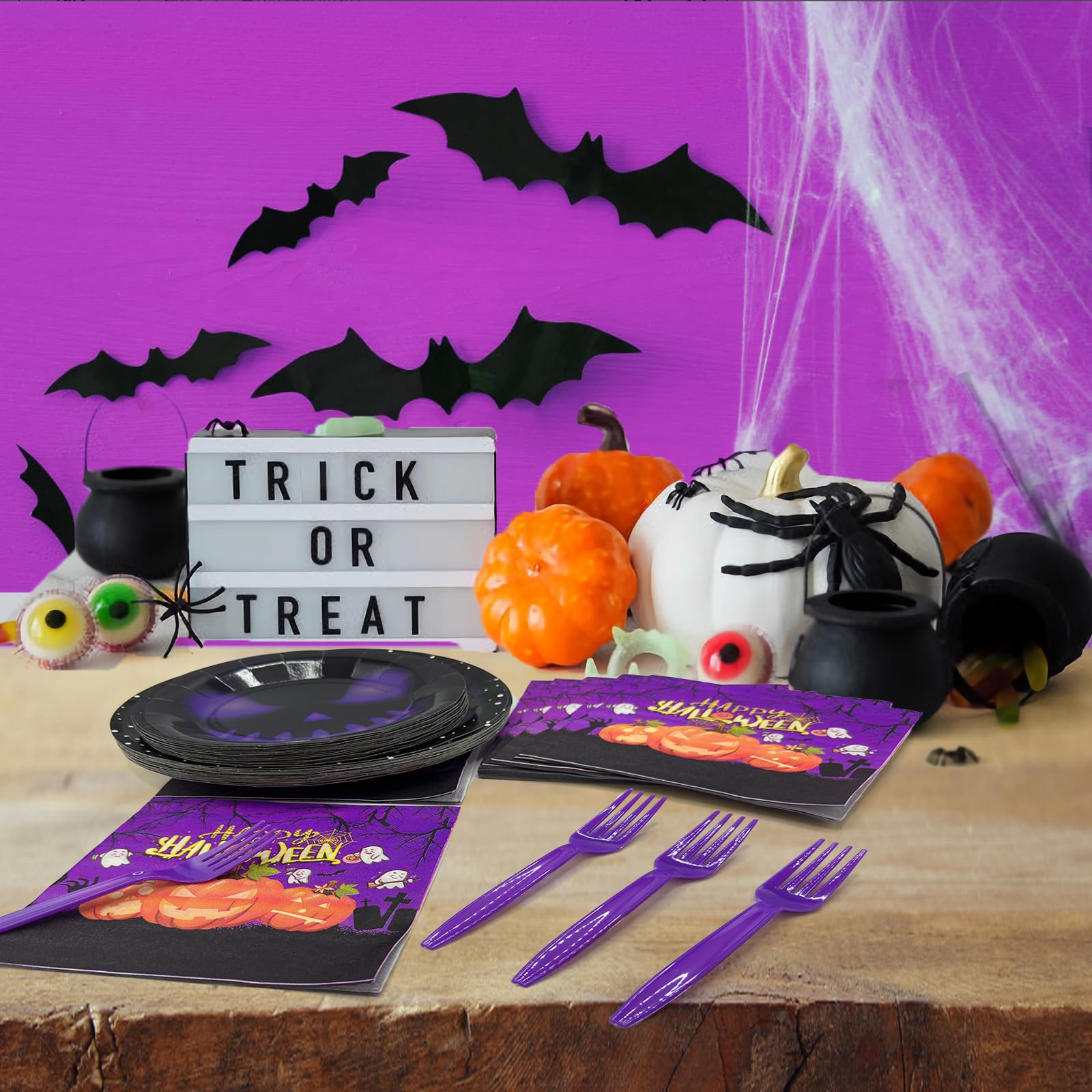 96 Pcs Halloween Party Plates and Napkins Halloween Party Supplies Serves 24 Purple Black Halloween Ghost Pumpkin Theme Tableware Set Halloween Party Decorations for Birthday Party Baby Shower