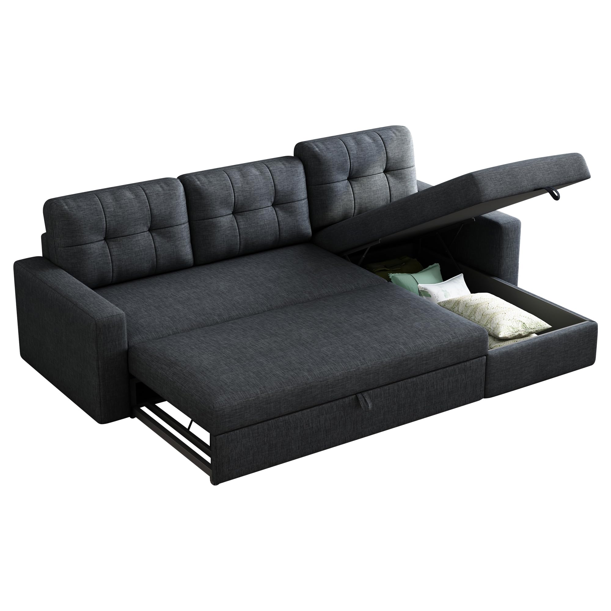 Favfurish 81.5" Sectional Sleeper Sofa with Storage Chaise, L Shaped Pull Out Couch Bed with 3 Removable Back Cushion for Living Room,Apartment,Dark Grey