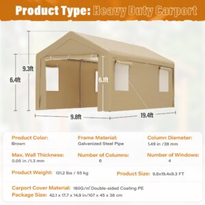 Betterland Carport, 10'x 20' Heavy Duty Carport Canopy，Outdoor Portable Garage with 2 Roll-up Doors & 4 Mesh Windows,All Weather Outside Car Shed for Car, Pickup,and Boat, Khaki