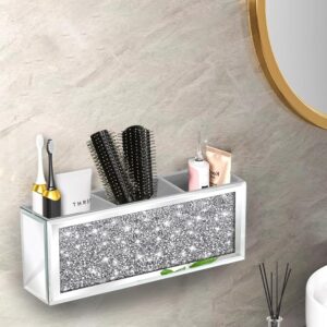 XIHACTY Mirror Hair Dryer Holder. Crystal Crush Diamond Hair Tool Organizer Wall Mount. Silver Bathroom Cabinet Tray for Blow Dryers, Hairdryer Straightener, Brushes and Combs.(10.5”x4”x5”)