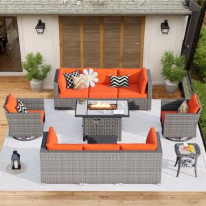 hooowooo outdoor patio furniture set,10 pieces outdoor sectional furniture,wicker patio conversation sets with fire tables swivel rocking chairs,outside out door modular furniture,orange red