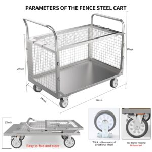 Platform Truck Cart with Cage, 4-in-1 Heavy Duty Push Cart Dolly, Multi-Functional Folding Flatbed Cart, Platform Hand Truck Dolly Flatbed Cart with Detachable Cage (Silver-002)