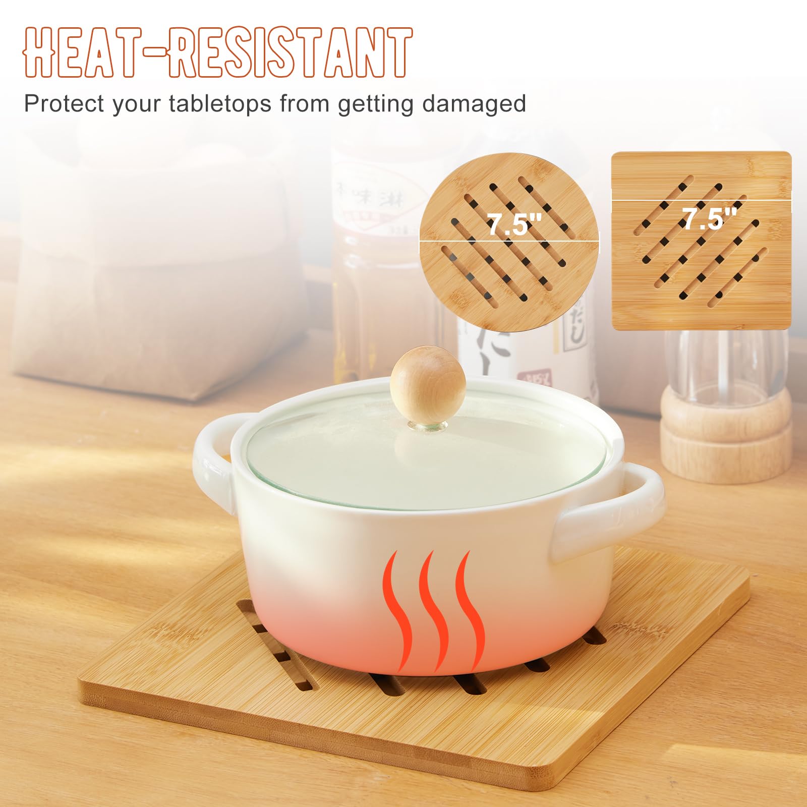 GHWIE Bamboo Trivet with Stand -Heat Resistant Pot Holders for Kitchen,Multi-Purpose Hot Pads,Hot Plate Mats,Large Stove Mat-Air Fryer Accessories and Trivets for Hot Dishes,4 PCS