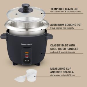 Elite Gourmet ERC003B Electric Rice Cooker with Automatic Keep Warm Makes Soups, Stews, Grains, Hot Cereals, 6 Cups Cooked (3 Cups Uncooked), Black