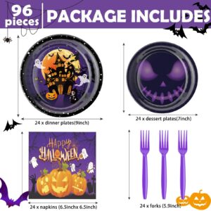 96 Pcs Halloween Party Plates and Napkins Halloween Party Supplies Serves 24 Purple Black Halloween Ghost Pumpkin Theme Tableware Set Halloween Party Decorations for Birthday Party Baby Shower