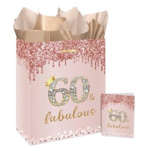 goldcrow rose gold 60th birthday gift bag for women with handles large pink happy 60th birthday gift bag with 60th birthday wrapping paper and card for 60th birthday decorations party supplies