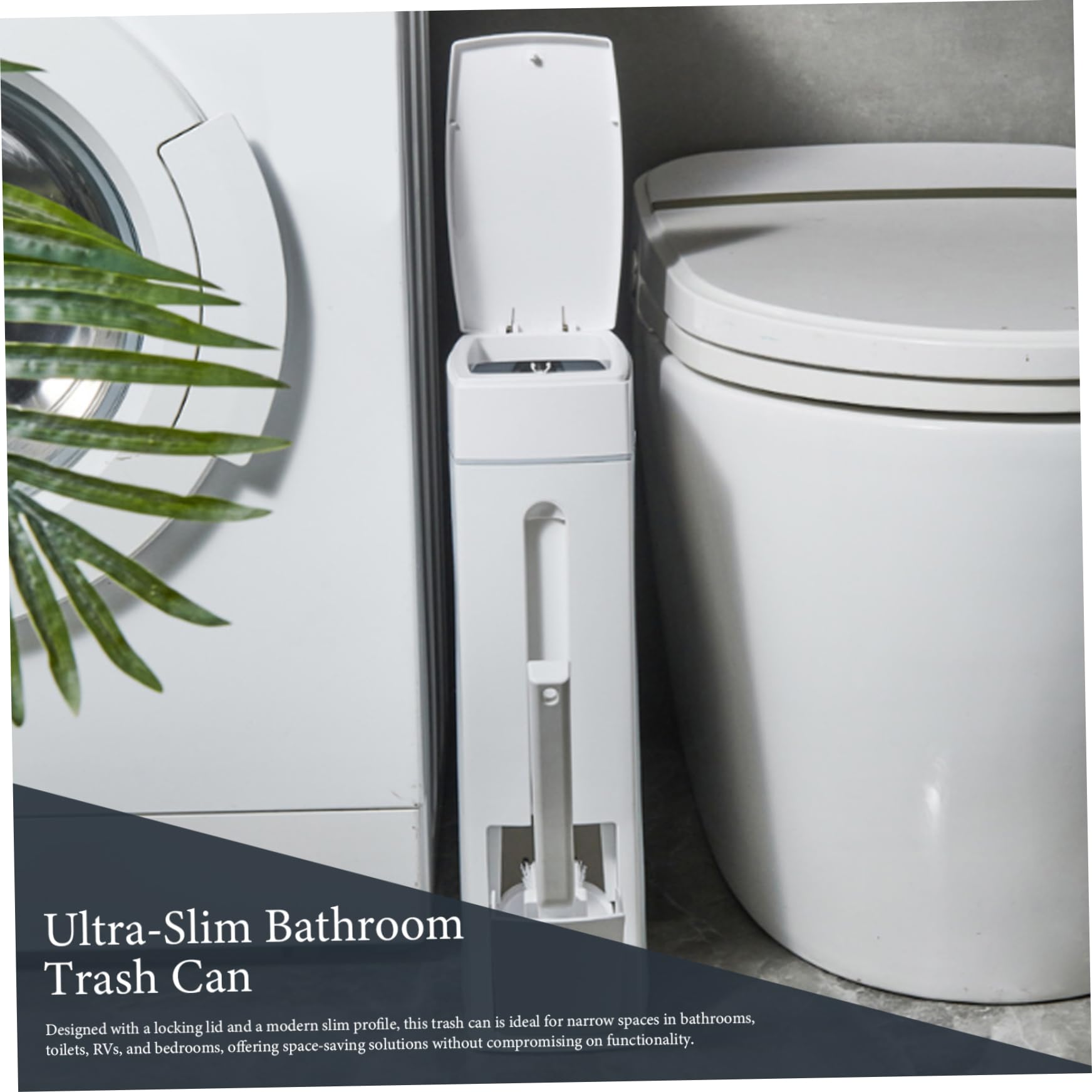 Bathroom Trash Can Set 16.5x8x4.3in 1.2-Gallon Slim Bathroom Bin with Toilet Brush Holder Press-Opening White Rectangular Toilet Trash Can for Toilet Kitchen Space Saving