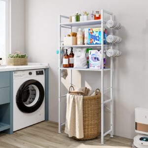 Dazioter Over The Toilet Storage Rack 3 Tier Bathroom Organizer Shelf Over Toilet Freestanding Space Saver Toilet Stands with 10 Hooks Multifunctional (White)