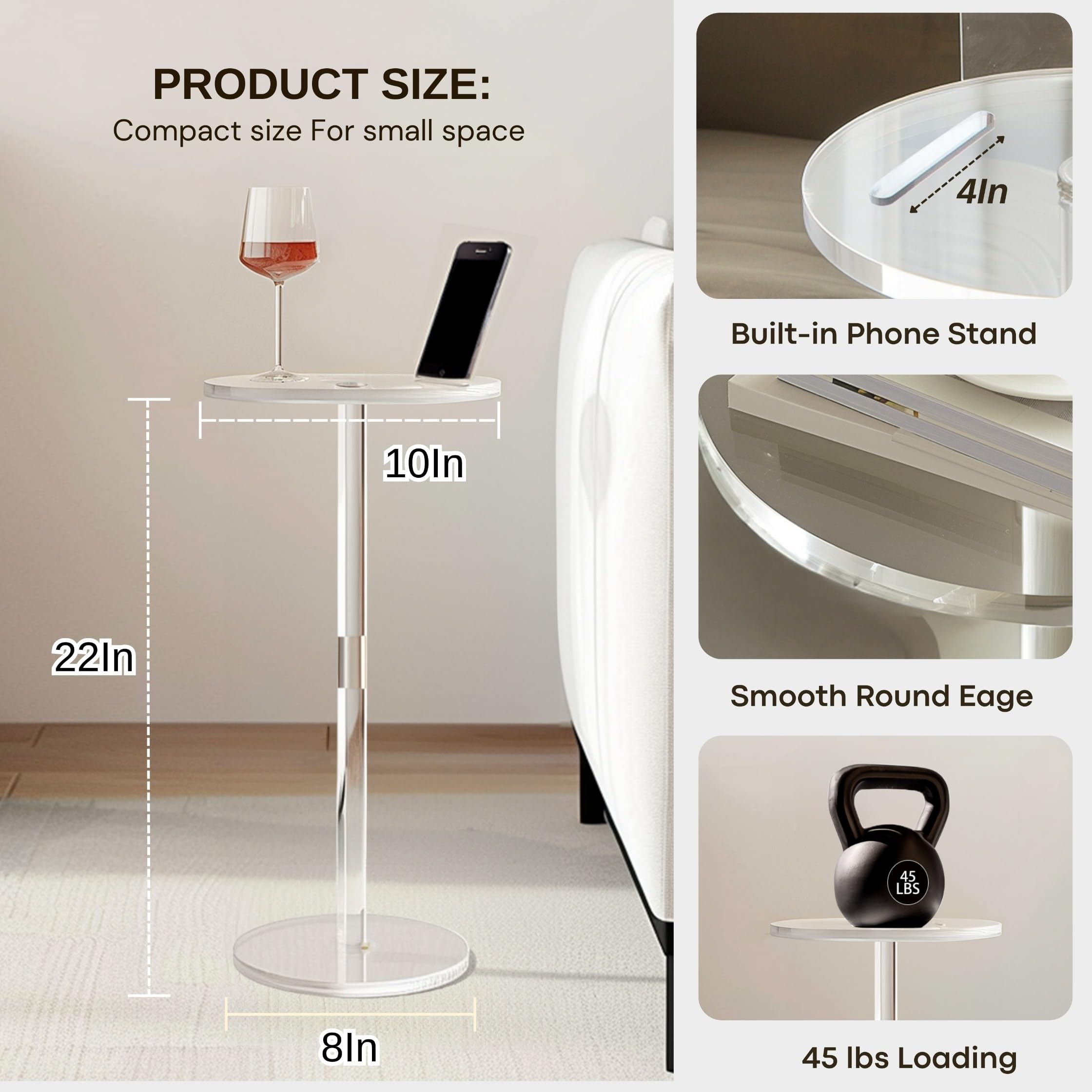 Acrylic Drink Table, Small Round Side Table for Small Space, Pedestal End Table with Phone Holder, Multi-Use Modern Accent Table, Martini/Cocktail Table for Living Room, 10"X21" Easy Assembly