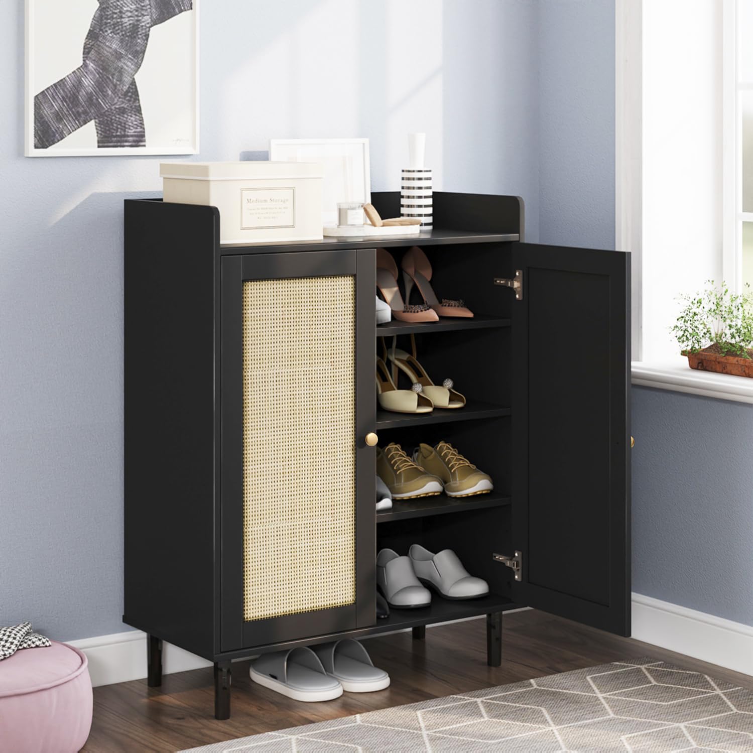 Shoe Cabinet - Rattan Shoe Cabinet for Entryway, Shoe Storage Cabinet with Adjustable Shelves, Black Shoe Cabinet, Farmhouse Freestanding Wood Shoe Rack Organizer for Closet, Living Room, Hallway