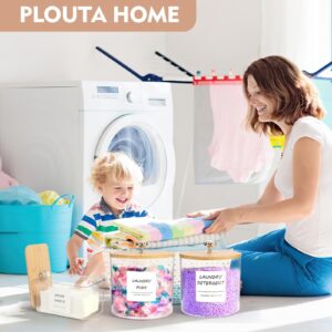 PLOUTA HOME 3 Pack Laundry Room Organization Storage Containers, Plastic Clear Laundry Pods Container & Dryer Sheet Holder Jars with Lids, Scoops & Labels for Detergent, Powder, Dryer Balls, Beads