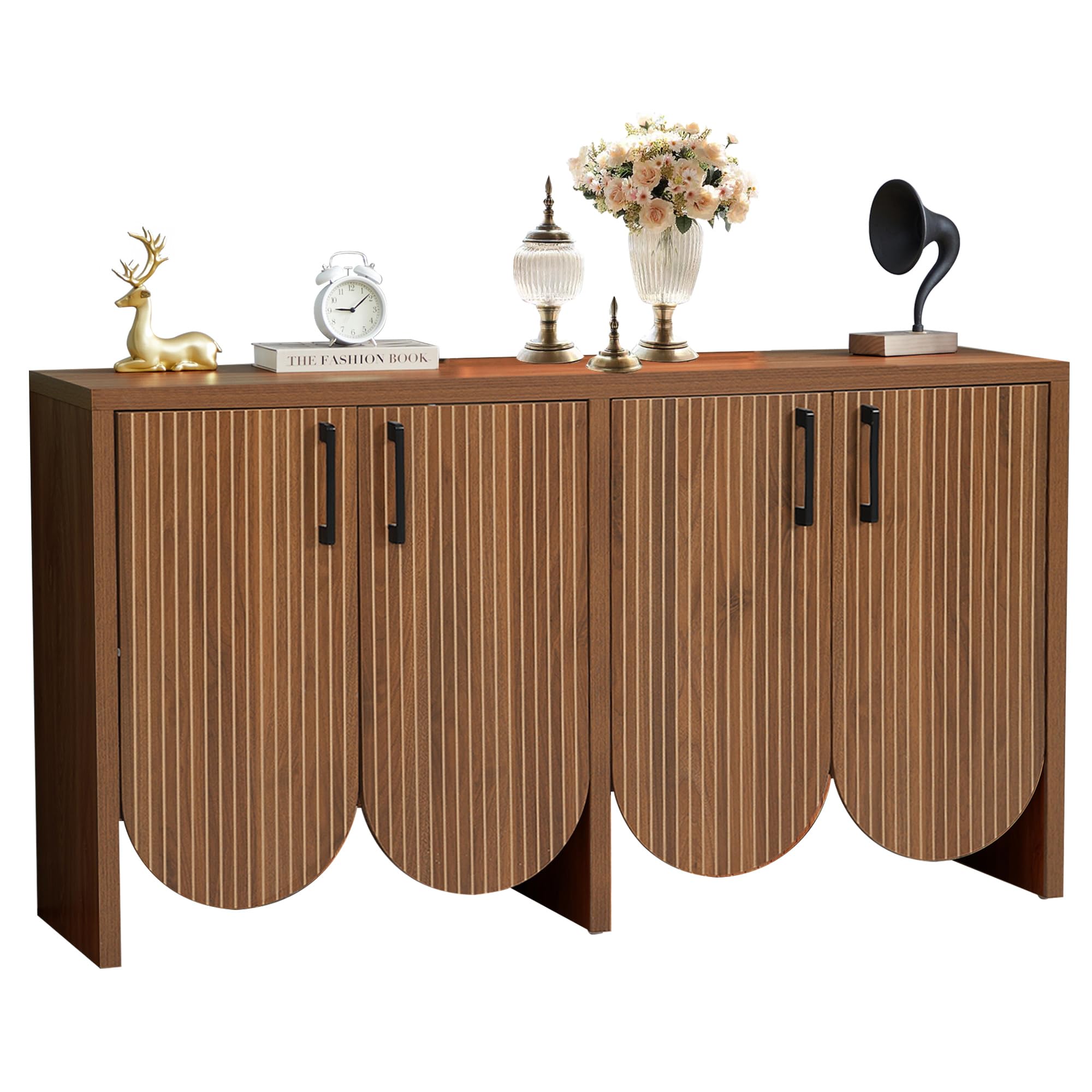 Fluted Buffet Sideboard Cabinet with Storage,Scandinavian 57.9” Storage Cabinet with Adjustable Shelves,Carved Arc Door Design Accent Buffet Cabinet for Living Room Dining Room (Walnut, 4 Door)