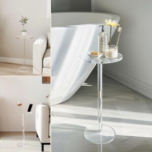 Acrylic Drink Table, Small Round Side Table for Small Space, Pedestal End Table with Phone Holder, Multi-Use Modern Accent Table, Martini/Cocktail Table for Living Room, 10"X21" Easy Assembly