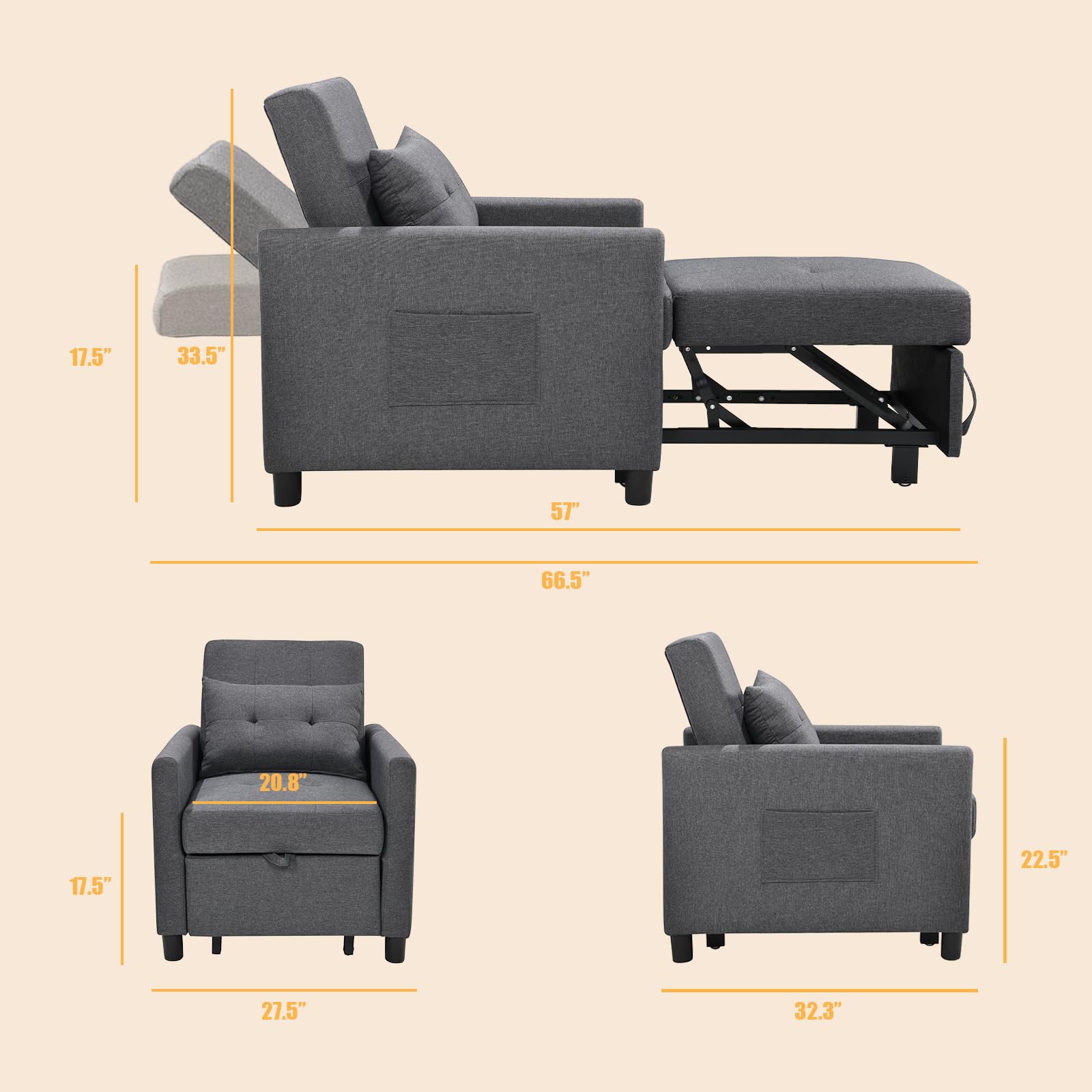 HABYMOKE Sleeper Sofa Chair Bed, 3-in-1 Convertible Single Sofa Bed with Modern Linen Fabric, Adjustable Sleeper Chair Pullout Sofa Bed for Living Room Apartment Small Spaces, Dark Gray