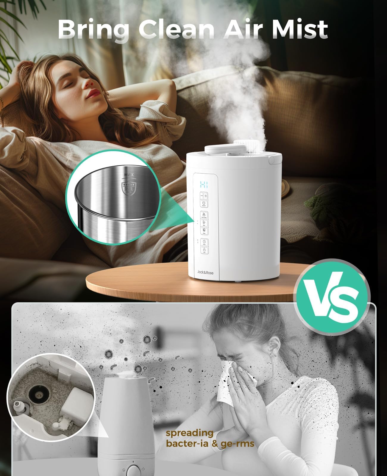 Healthy Warm Mist Humidifiers for Bedroom, 3L/100oz Stainless Steel Humidifier Easy Clean, Steam Humidifier for Living Room, Whisper-Quiet, Filterless and Simple Use