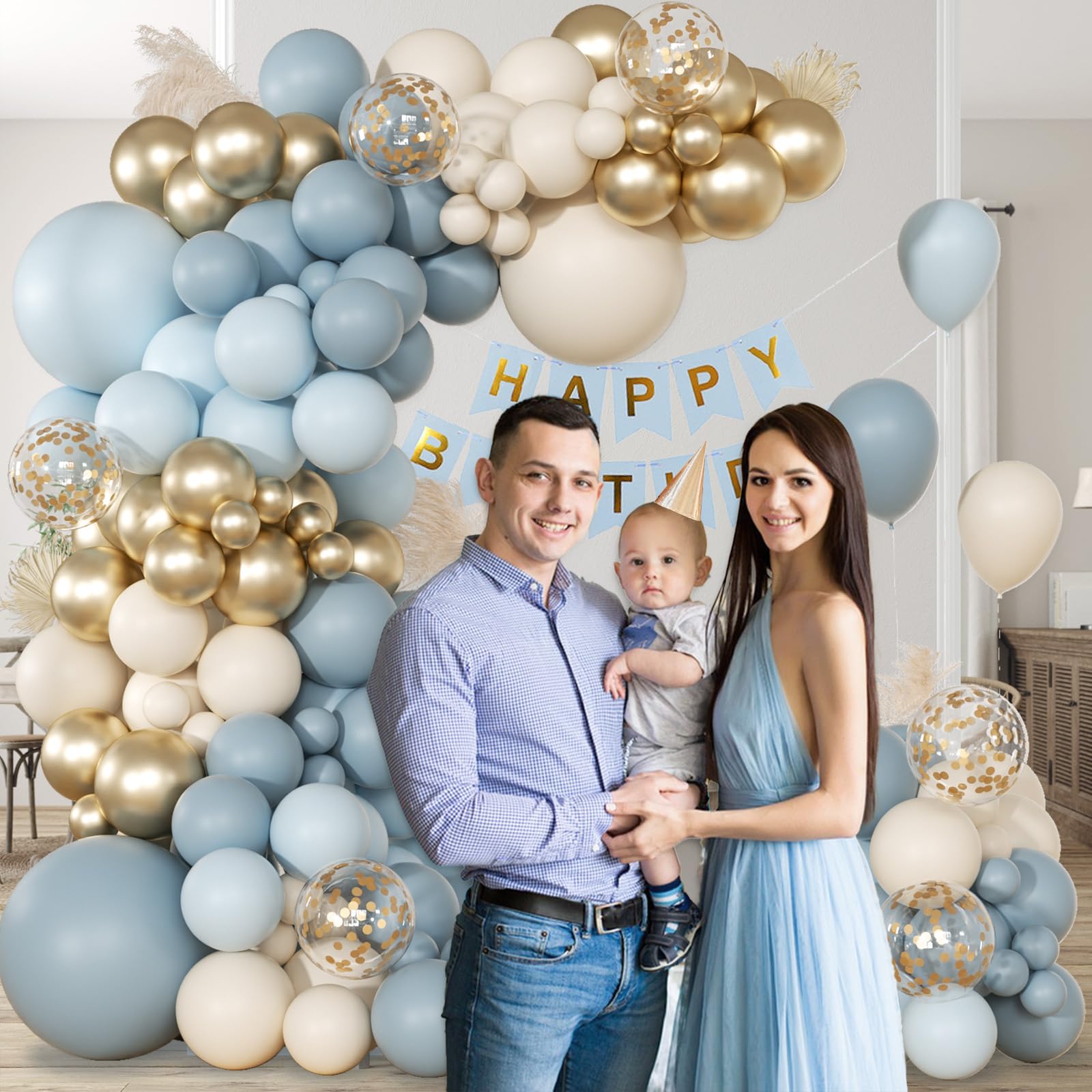 147pcs Dusty Blue Balloon Garland Arch Kit, Dusty Blue Light Baby Blue Sand White Metallic Gold Confetti for Birthday Wedding Bridal Shower Boho Baby Shower Party Decorations