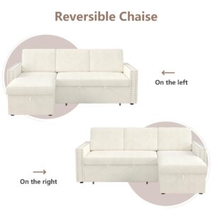 HUMEHA Reversible Sleeper Sectional Sofa, Tufted Chenille L-Shaped Couch with Storage and Pull Out Bed, Convertible Sectional Sleeper Sofa with Nailhead Trims for Apartment Living Room, Beige