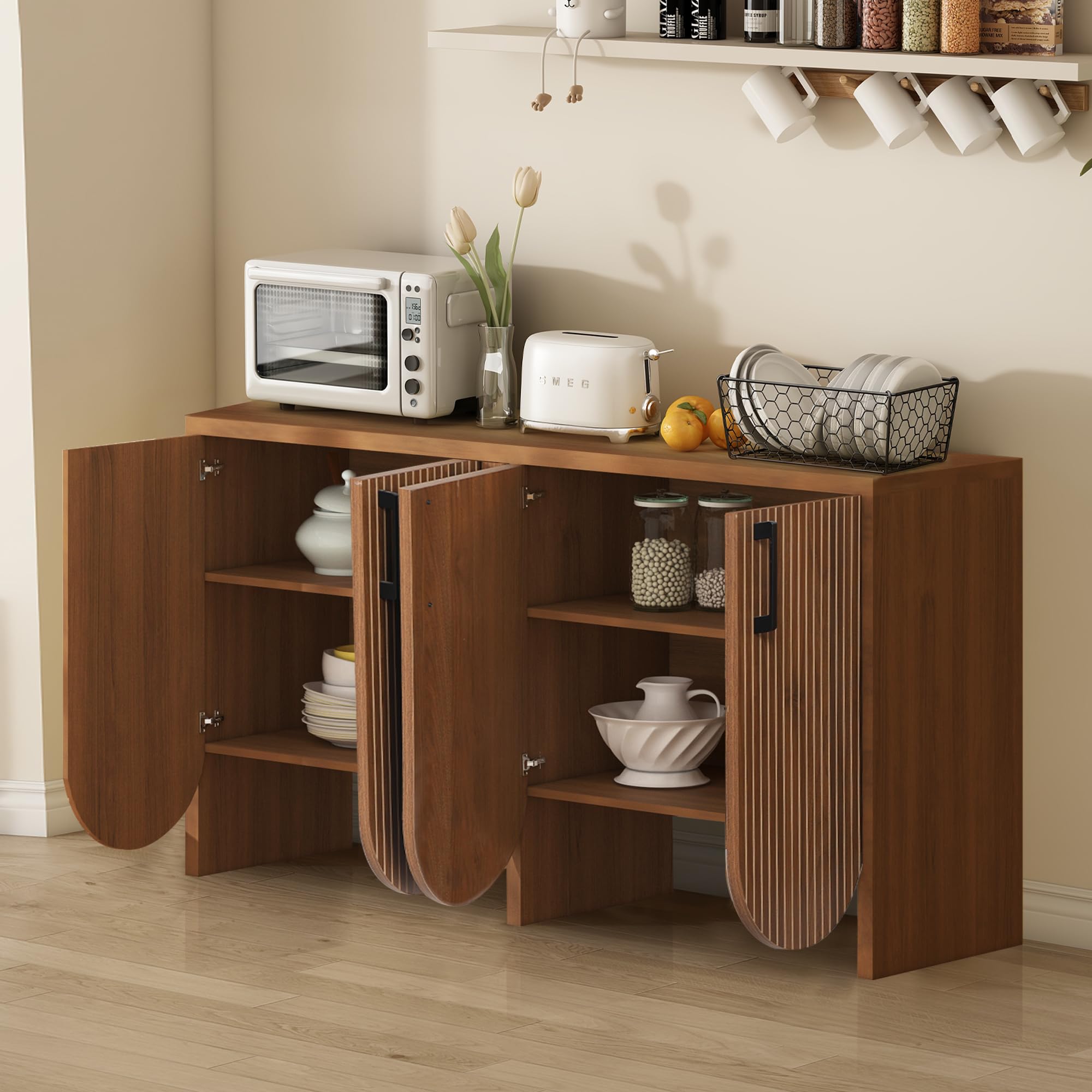 Fluted Buffet Sideboard Cabinet with Storage,Scandinavian 57.9” Storage Cabinet with Adjustable Shelves,Carved Arc Door Design Accent Buffet Cabinet for Living Room Dining Room (Walnut, 4 Door)