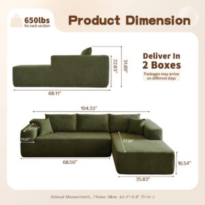 104" Modular Sectional Sofa Couch,L-Shape Upholstered Cloud Couch,Modern Minimalist Couches for Living Room,Free Combination Deep Seat Corner Couch (Green, Sherpa/Right Facing Chaise)