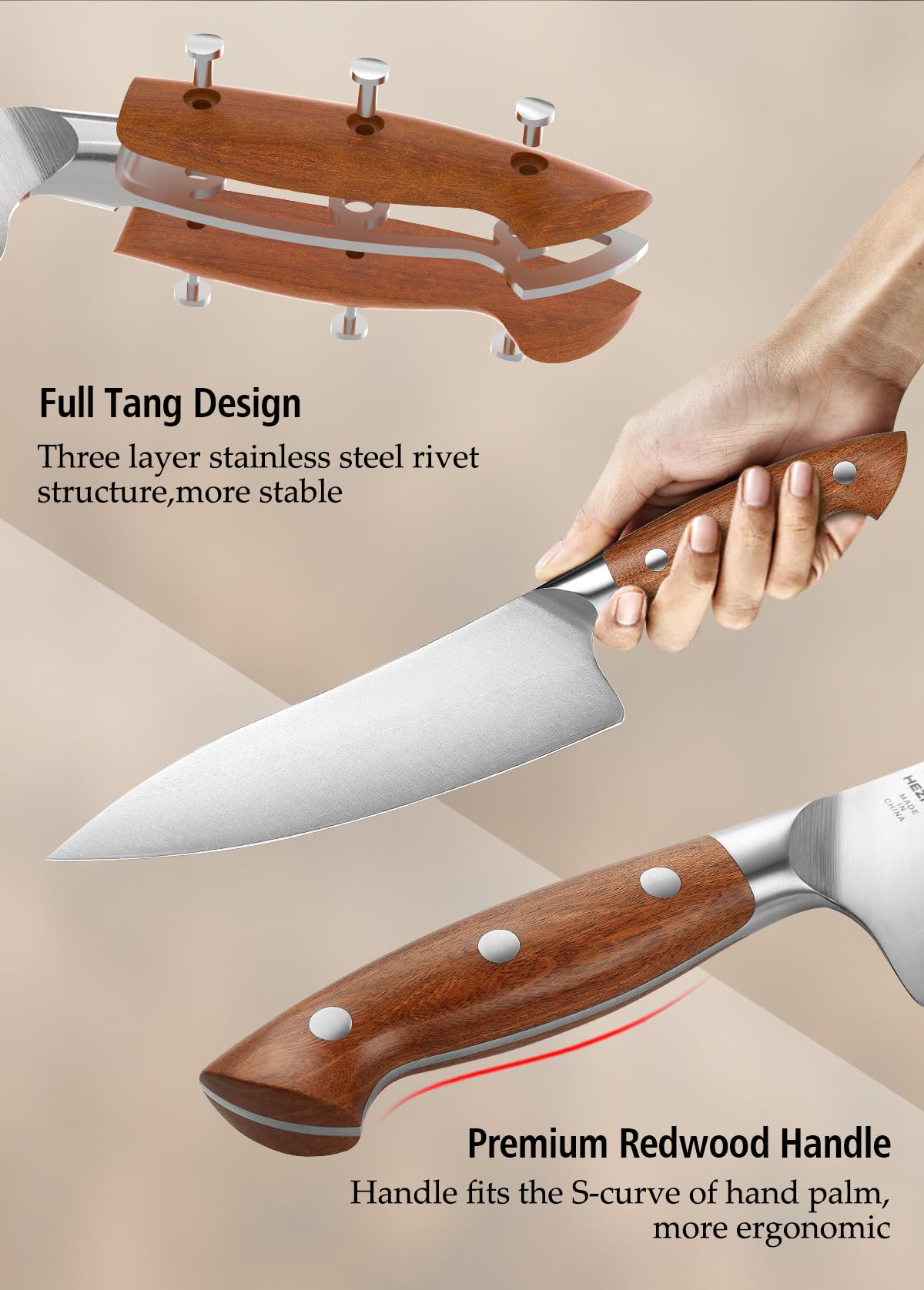 HEZHEN Pro Chefs Knives 8.3 Inch,High Carbon German 1.4116 Steel,Stainless Steel Rivets with Red Wood Handle，Razor Sharp,Super Edge,with Woodern Knife Sheath