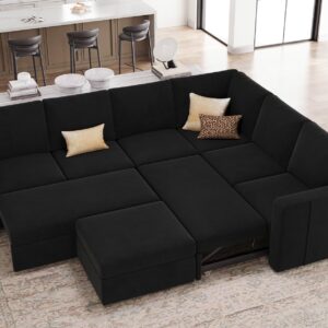 Belffin Modular Sectional Sleeper Couch with Pull Out Sofa Bed Velvet Convertible L Shaped Sectional Sofa with Storage Ottoman for Living Room Black