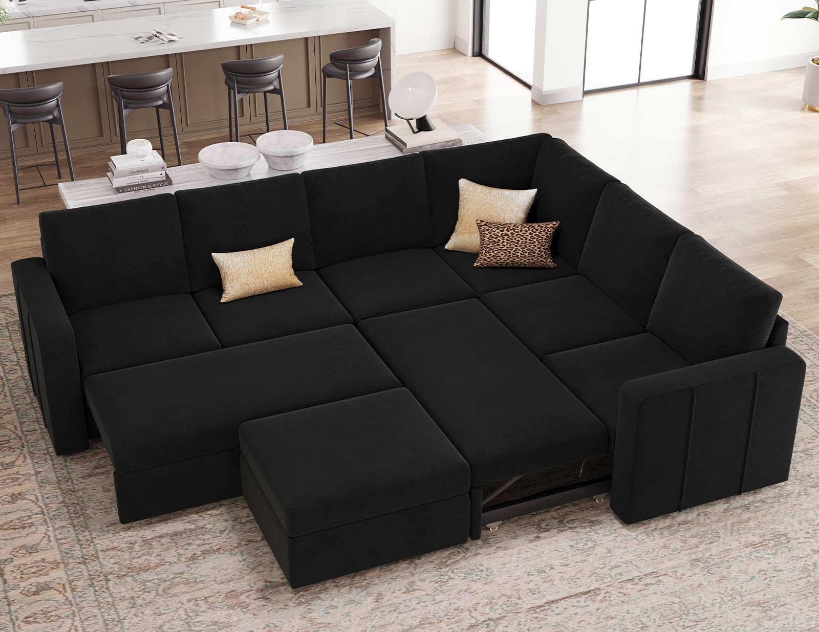 Belffin Modular Sectional Sleeper Couch with Pull Out Sofa Bed Velvet Convertible L Shaped Sectional Sofa with Storage Ottoman for Living Room Black