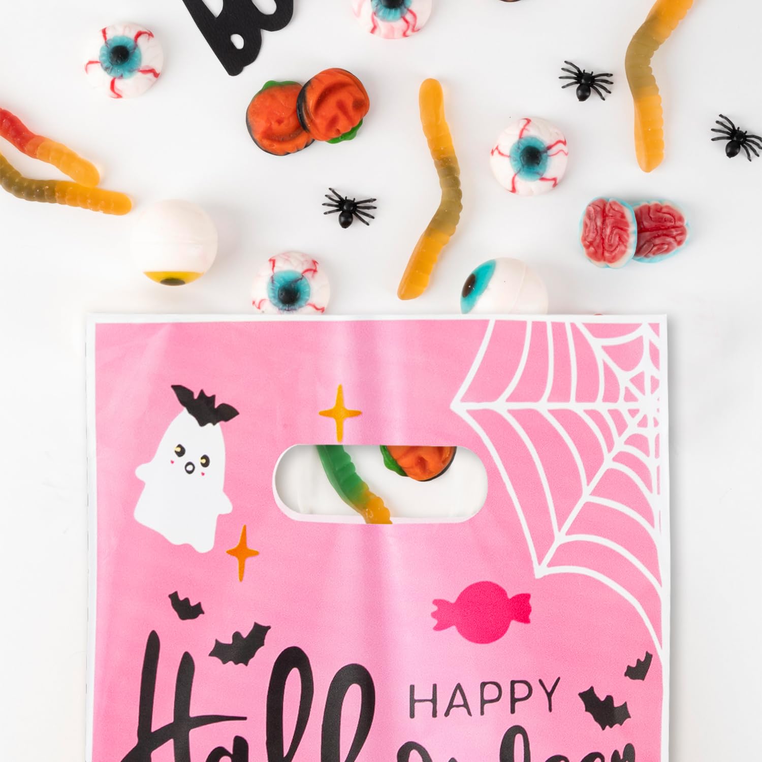 MARSOSAUR Halloween Candy Bag,100PCS Handle Candy Treat Bags Halloween Sweets Bags Trick or Treat Bags Reusable Pink Gift Bags for Halloween Party Supplies Favors, Homemade Craft Snack Gift Packing