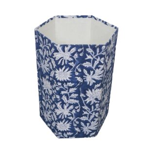 3.3 Gallon Cotton Hand Block Printed Paper Waste Basket |Small Decorative Trash Can for Housewarming Gifts in Living Room, Bedroom, Bathroom | Eco-Friendly, Plastic-Free (1, Blue White FLOWAR)