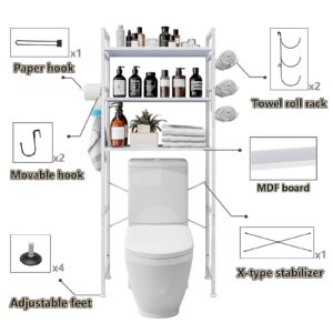 Dazioter Over The Toilet Storage Rack 3 Tier Bathroom Organizer Shelf Over Toilet Freestanding Space Saver Toilet Stands with 10 Hooks Multifunctional (White)