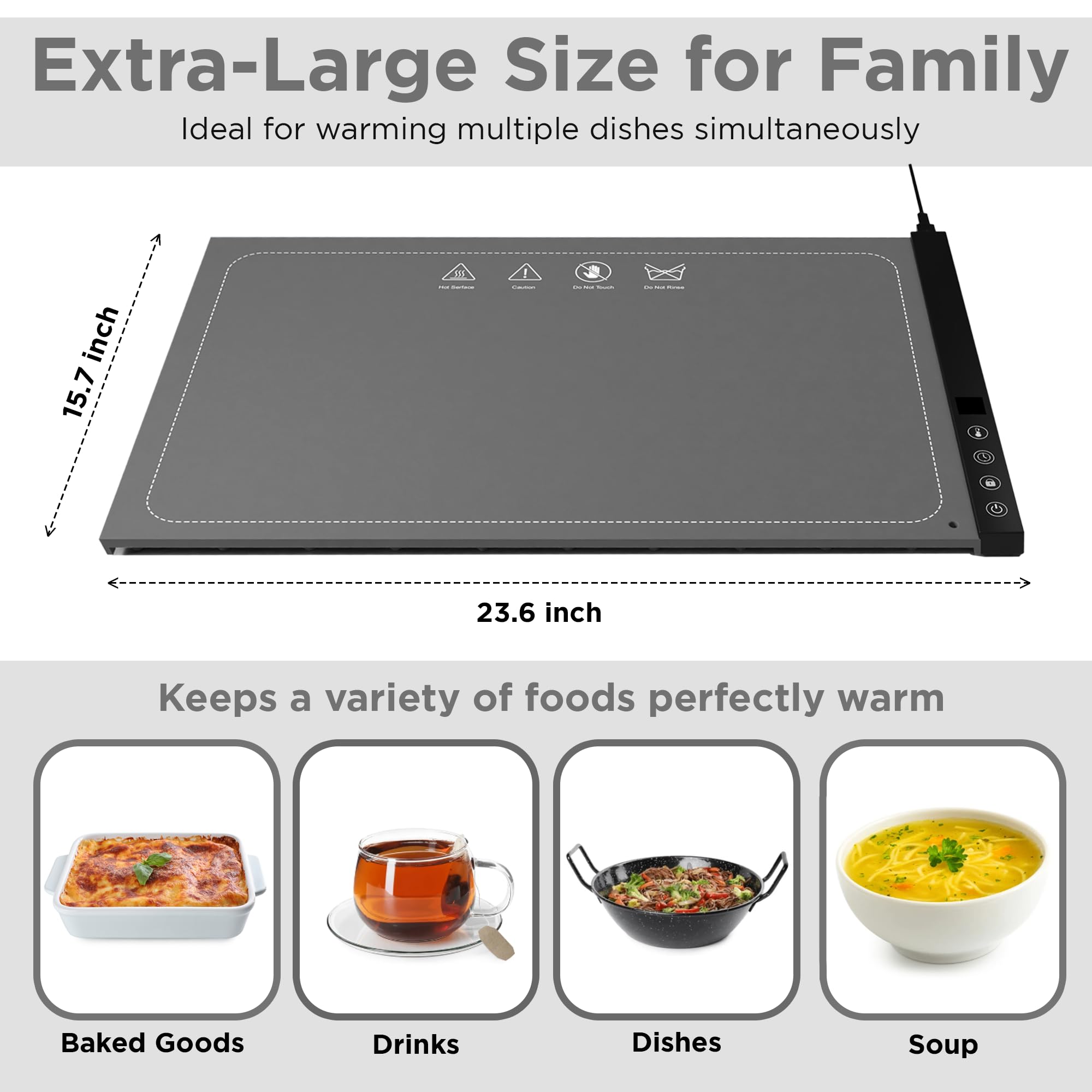 Electric Warming Tray Dark Gray Color - Nano Silicone Food Warm Mat with 6 Temperature Setting & Full Surface Heating