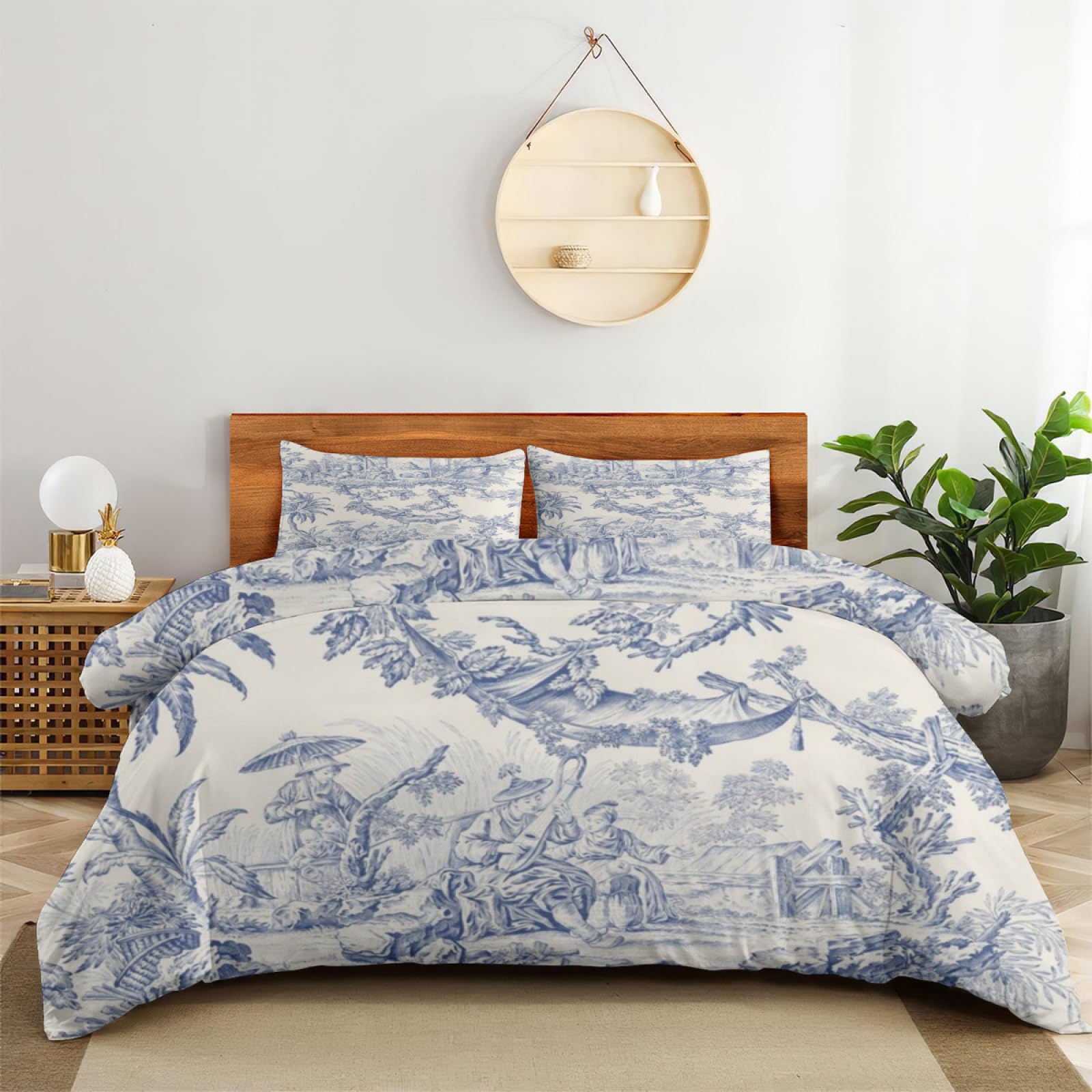 XIAOHUOZI Bedding Sheet Bed Sets - Blue French Country Toile Pattern Soft 3-Pieces Duvet Cover Set 1 Duvet Cover with 2 Pillow Shams King(90""×104""), White 0