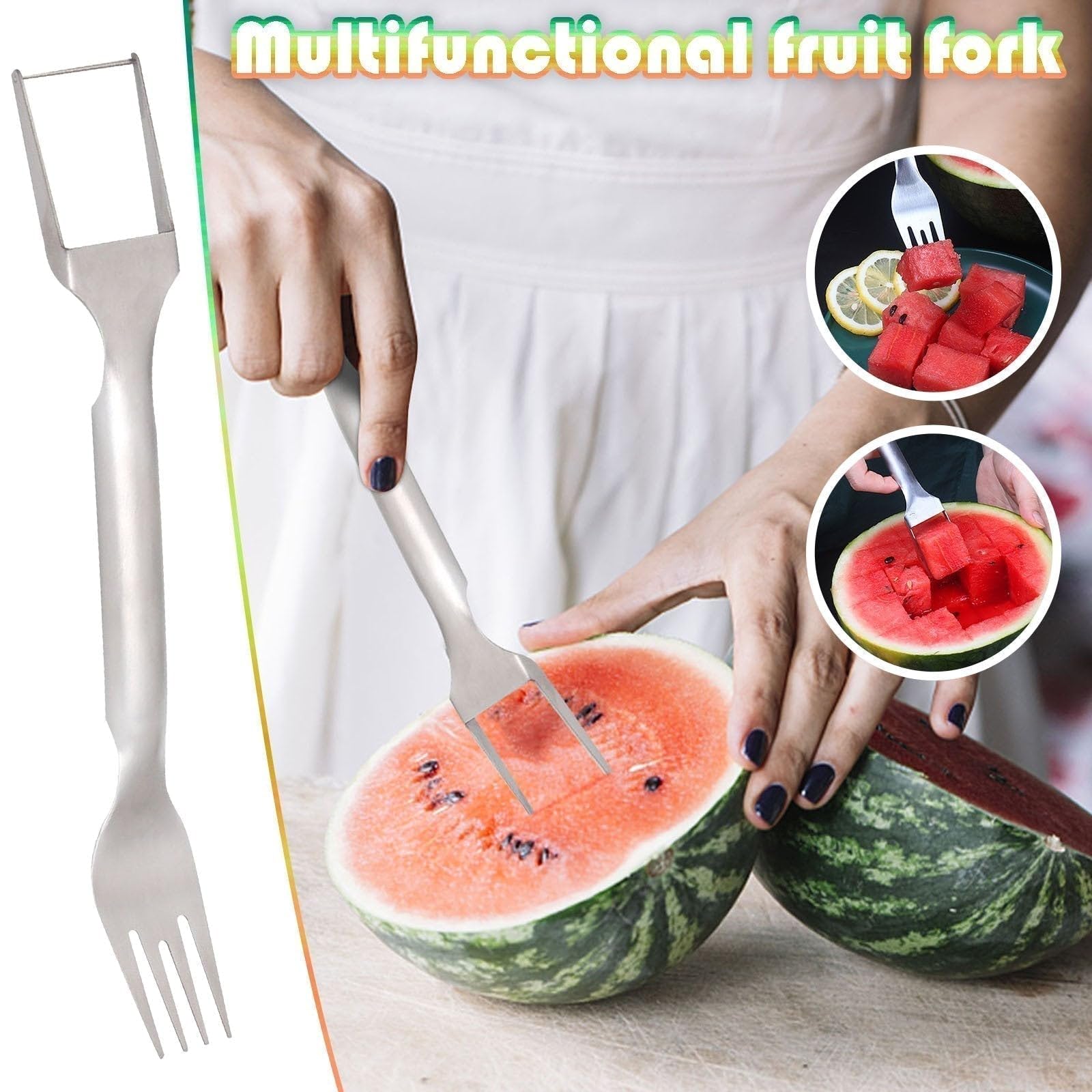 Watermelon Fork Slicer Cutter, 2024 Watermelon Cutter Slicer 2-in-1 Watermelon Fork Slicer Stainless Steel Watermelon Cube Cutter Quickly Safe Watermelon Knife for Kitchen Gadget (1 Pack)