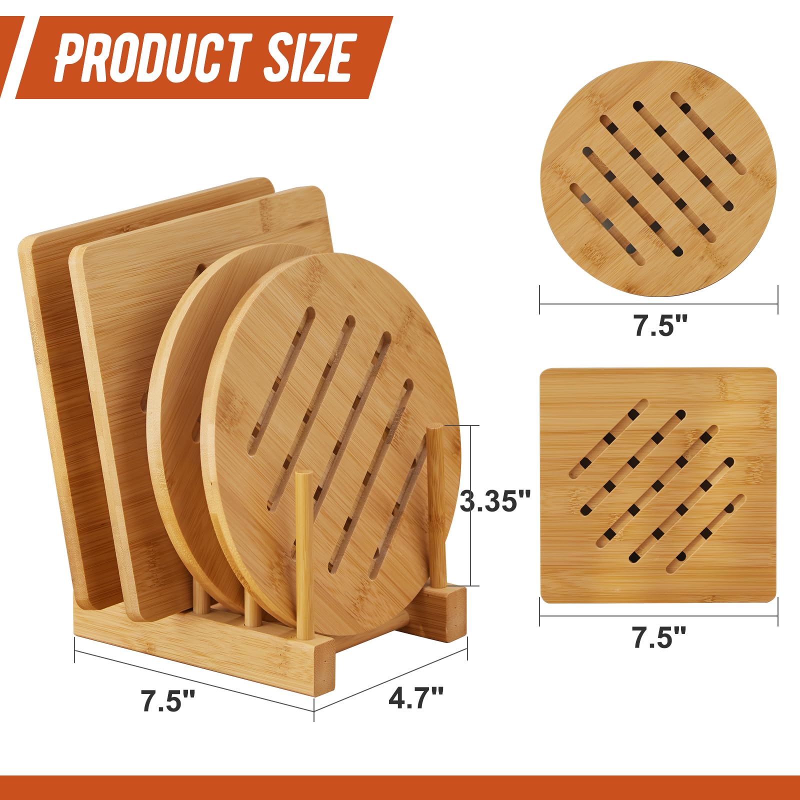 GHWIE Bamboo Trivet with Stand -Heat Resistant Pot Holders for Kitchen,Multi-Purpose Hot Pads,Hot Plate Mats,Large Stove Mat-Air Fryer Accessories and Trivets for Hot Dishes,4 PCS