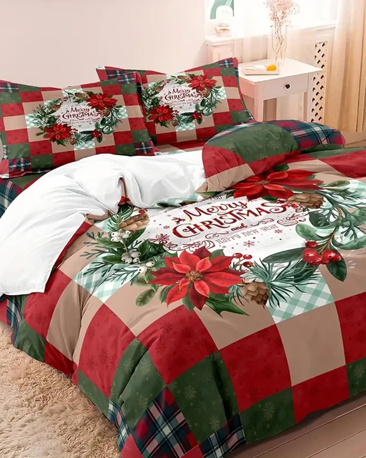 ZIRANSHU Christmas Duvet Cover King Size, Christmas Floral Wreath Comforter Cover Holiday Decoration Christmas Theme Bedding Set with Zipper Closure Printed Quilt Cover (1 Duvet Cover + 2 Pillowcase)